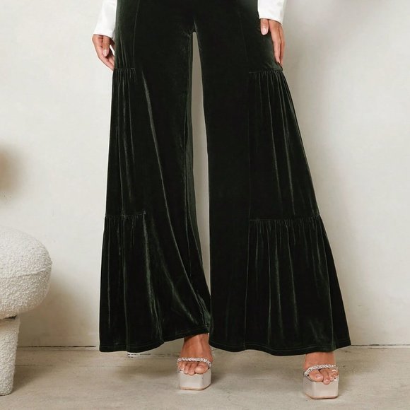 Dark Green Casual Womens High Waist Ruffle Hem Velvet Wide Leg Pants - Picture 4 of 5